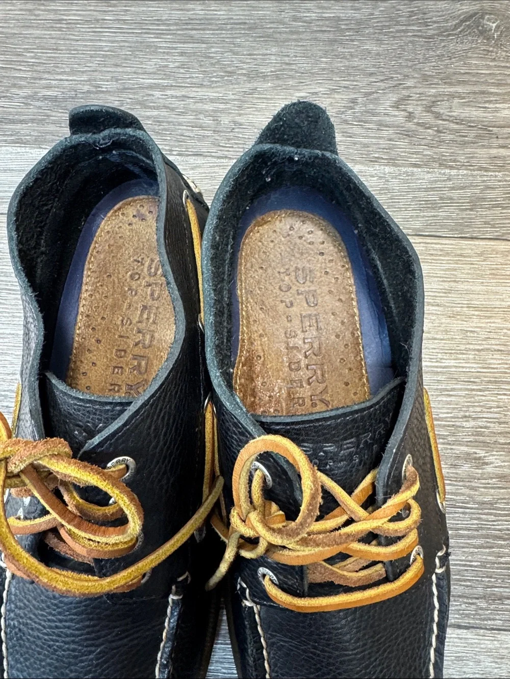 Sperry Black Pebbled Leather Boat Shoes with Tan Laces Men’s SZ 9 (h96)